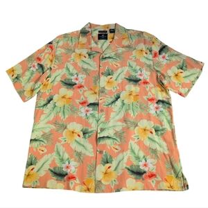 Caribbean Joe Hawaiian Button Up Shirt, Silk, Floral, Men's XL
